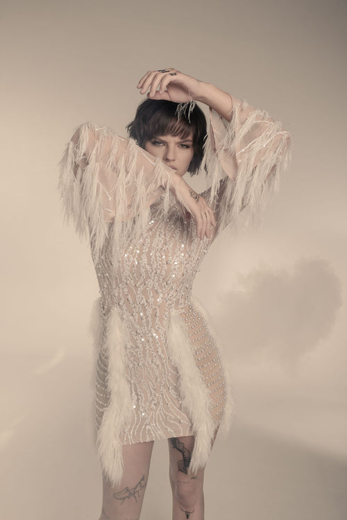 “Nuit de Cristal” Beaded Feathered Illusion Mini Dress – Velour de Luxe Award Couture