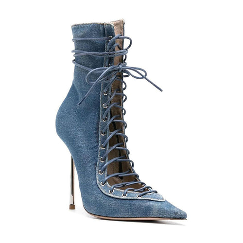 ‘Blanc’ Fashion House Sharp Toe Denim Boot Heel