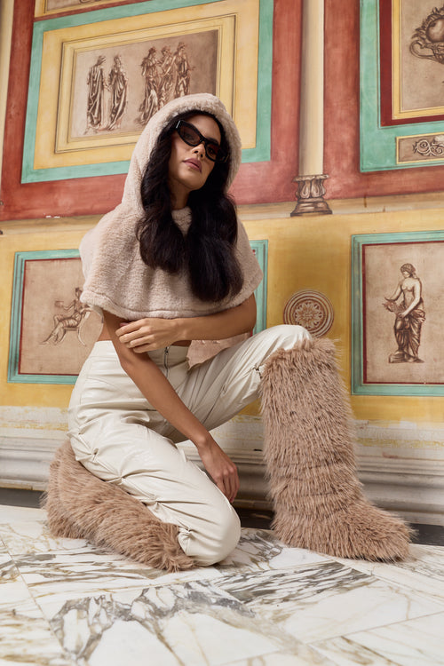 "Sands of St. Moritz” Luxe Faux-Fur Cropped Cape Hoodie