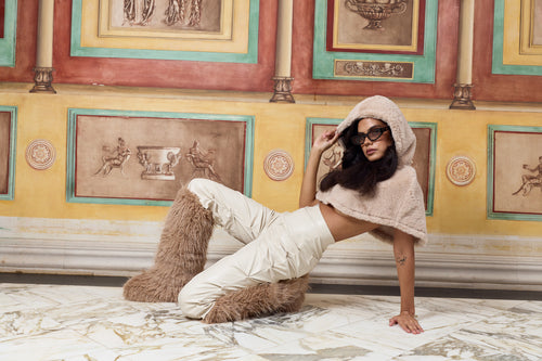 "Sands of St. Moritz” Luxe Faux-Fur Cropped Cape Hoodie