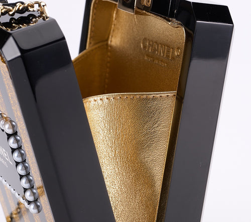 CHANEL Black & Gold Acrylic Perfume Bottle Bag with Pearled Detailing