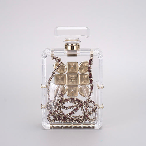 CHANEL Transparent Acrylic Perfume Bottle Bag with Stones