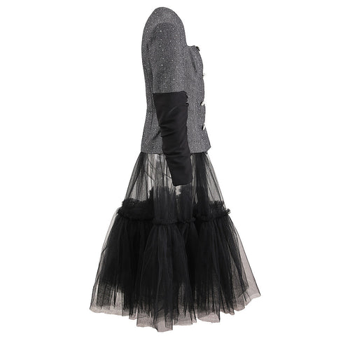 Noir Élégance Tulle Ensemble Structured Tweed & Sheer Fantasy Skirt