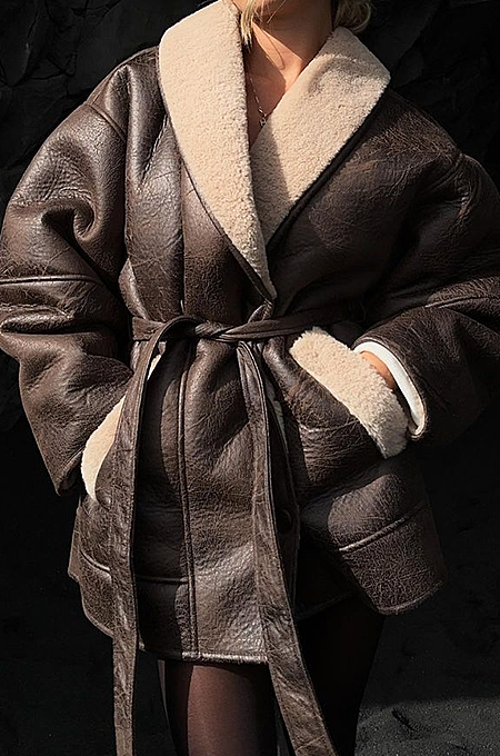 Équilibre Cuir – Brown Shearling Wrap Coat