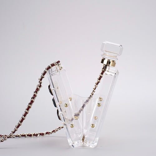 CHANEL Transparent Acrylic Perfume Bottle Bag with Stones