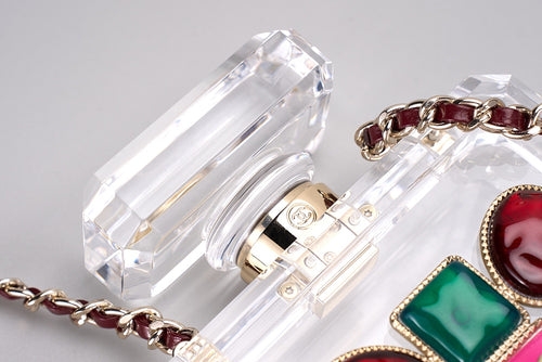 CHANEL Transparent Acrylic Perfume Bottle Bag with Stones