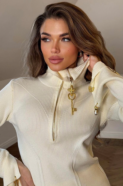 Schiaparelli Surrealist Charm Zip-Neck Knit Midi Dress