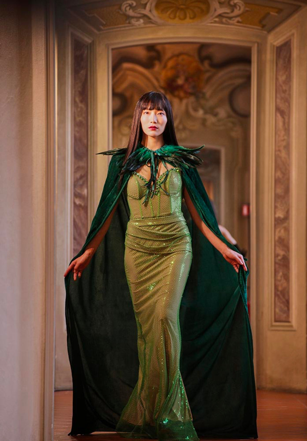 “Emerald Eclipse” Crystal Mesh Gown -VeLour de Luxe Award Show Couture Collection Emerald Green / M