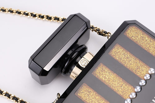 CHANEL Black & Gold Acrylic Perfume Bottle Bag with Pearled Detailing