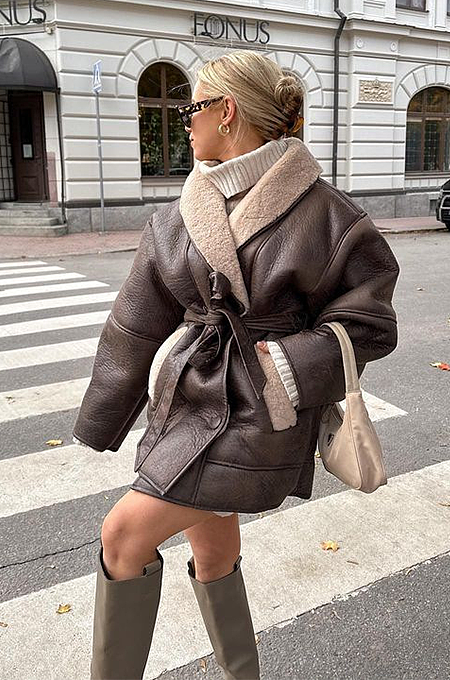 Équilibre Cuir – Brown Shearling Wrap Coat