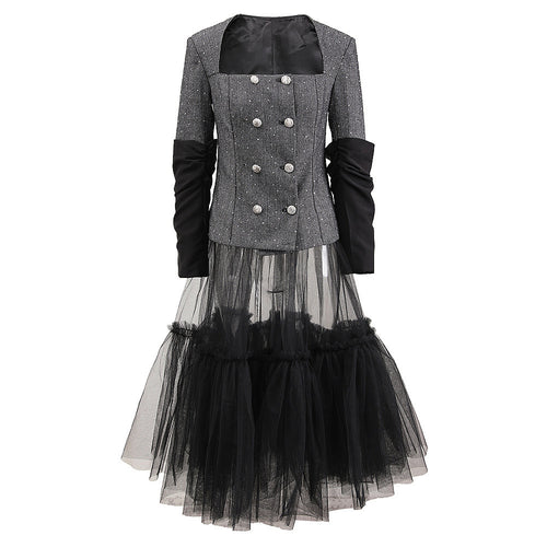 Noir Élégance Tulle Ensemble Structured Tweed & Sheer Fantasy Skirt