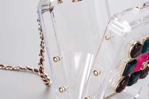 CHANEL Transparent Acrylic Perfume Bottle Bag with Stones