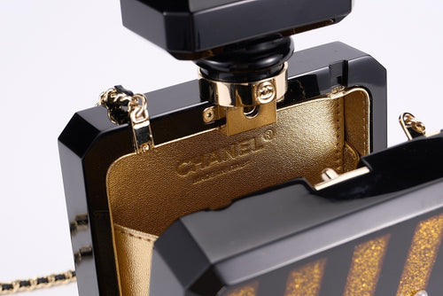 CHANEL Black & Gold Acrylic Perfume Bottle Bag with Pearled Detailing