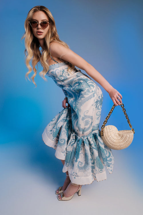 Zimmerman “Lunaria Dusk” Corset Ruffle-Hem Gown