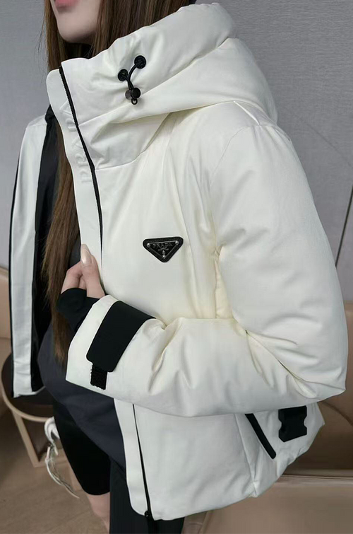Prada Belted Down Button Puffer Jacket- Alpine Ivory
