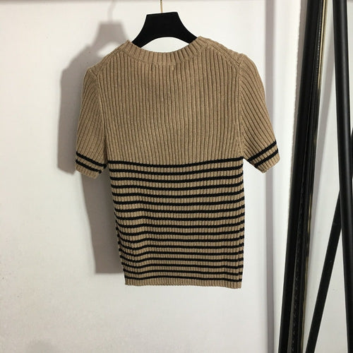 Christian Dior Ribbed Logo Short-Sleeve Knit Top – Beige & Black