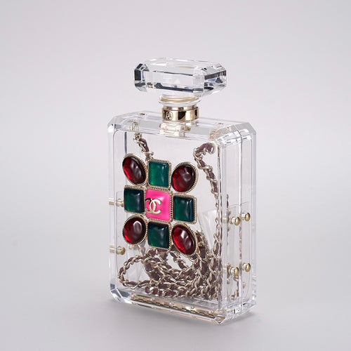 CHANEL Transparent Acrylic Perfume Bottle Bag with Stones