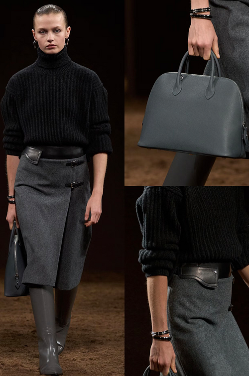 Hermès Wool Wrap Skirt with Leather Belt Detail – Gris Élégance