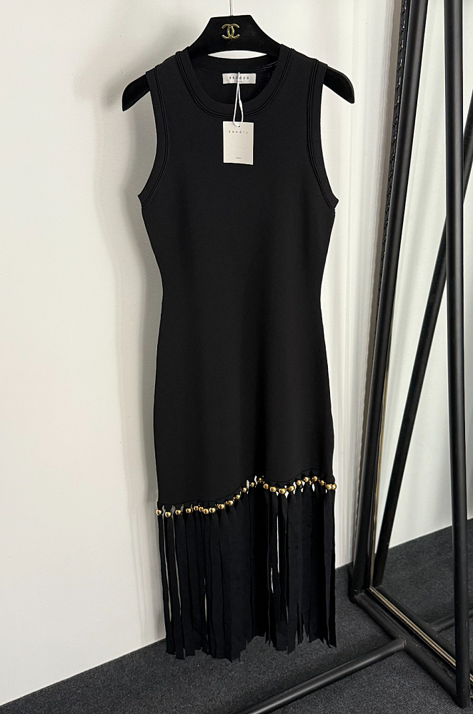 sandro fringed midi dress Sandro Fringe-Trim Sleeveless Midi Dress with Gold Bead Detail