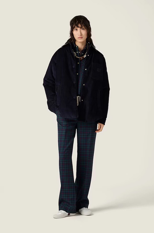 Miu Miu Navy Corduroy Jacket with Contrast Leather Collar