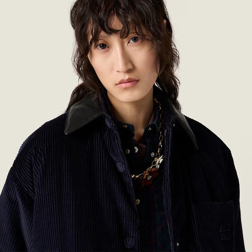 Miu Miu Navy Corduroy Jacket with Contrast Leather Collar