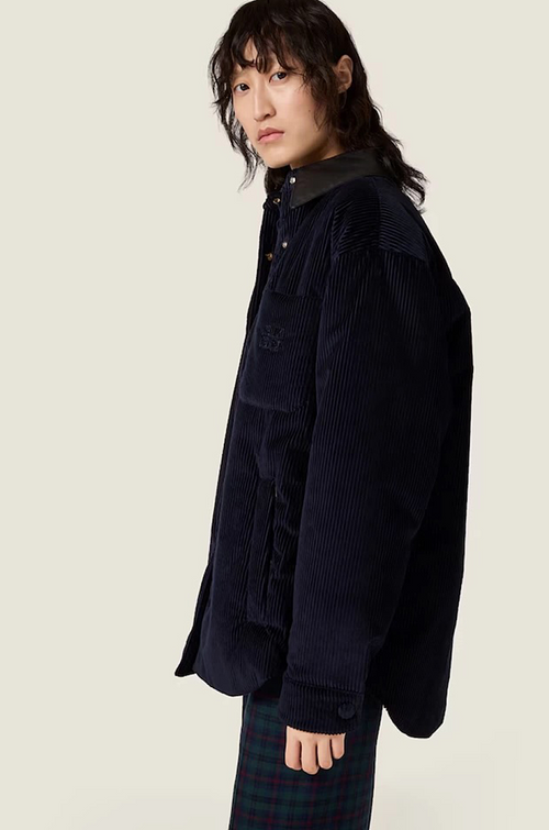 Miu Miu Navy Corduroy Jacket with Contrast Leather Collar