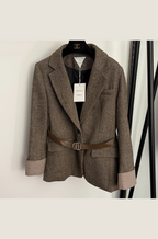 Bottega Veneta Inspired Herringbone Belted Blazer
