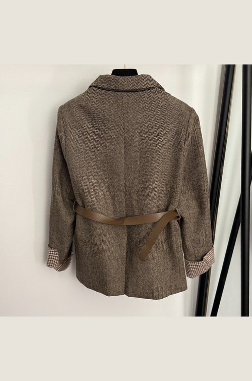 Bottega Veneta Inspired Herringbone Belted Blazer