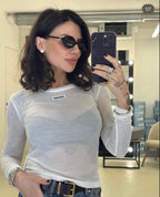 Miu Miu Sheer Signature Long-Sleeve Top