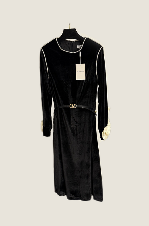 Valentino Noir Velvet Crystal-Trim Midi Dress with V-Belt