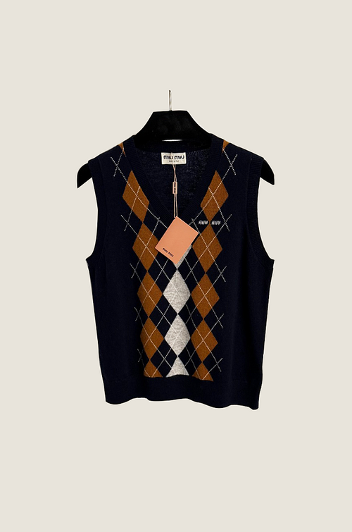 Miu Miu Argyle Knit Sleeveless Sweater Vest