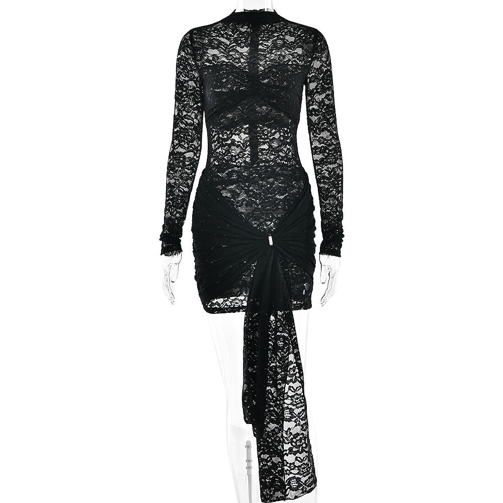 chinese dress ladies Noir Illusion Lace Mini Dress Black / L