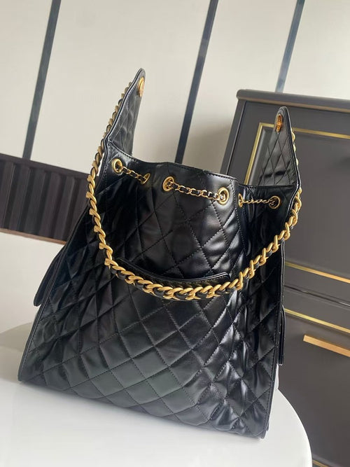 Chanel Quilted Calfskin Large Drawstring Tote with Chain Detail