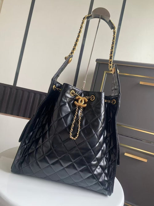 Chanel Quilted Calfskin Large Drawstring Tote with Chain Detail