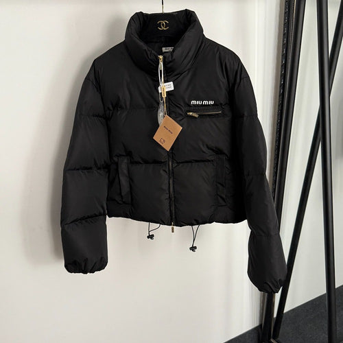 Miu Miu Cropped Logo Down Puffer Jacket – Black