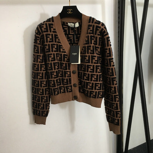 Fendi FF Monogram Jacquard Wool-Blend Cardigan – Brown/Black