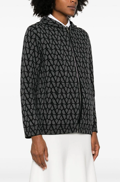 Valentino Jacquard V-Pattern Wool-Blend Zip Hoodie – Charcoal Grey
