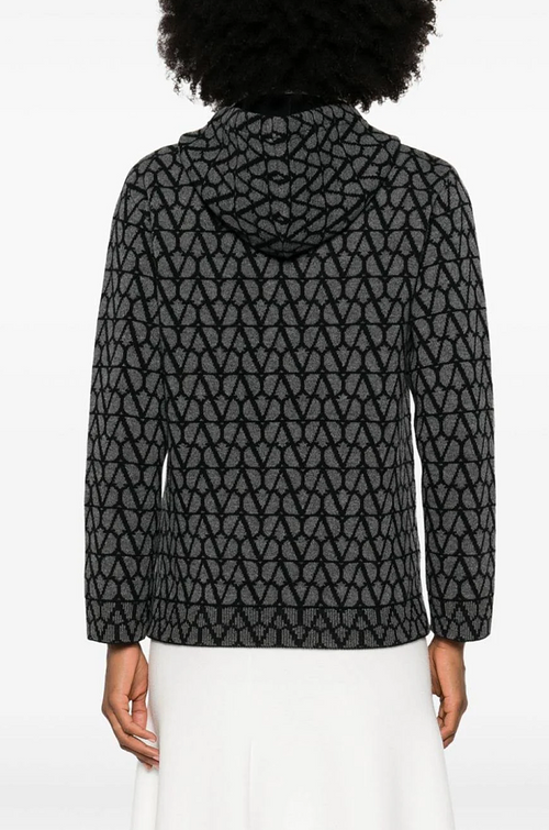 Valentino Jacquard V-Pattern Wool-Blend Zip Hoodie – Charcoal Grey