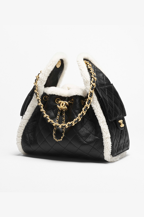 Chanel Shearling-Trim Quilted Calfskin Drawstring Tote