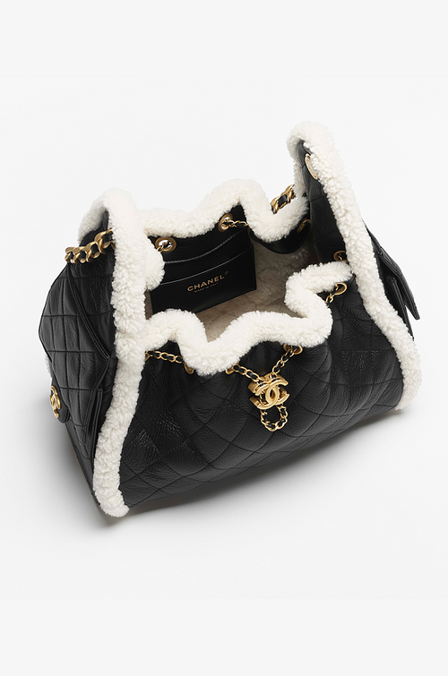Chanel Shearling-Trim Quilted Calfskin Drawstring Tote