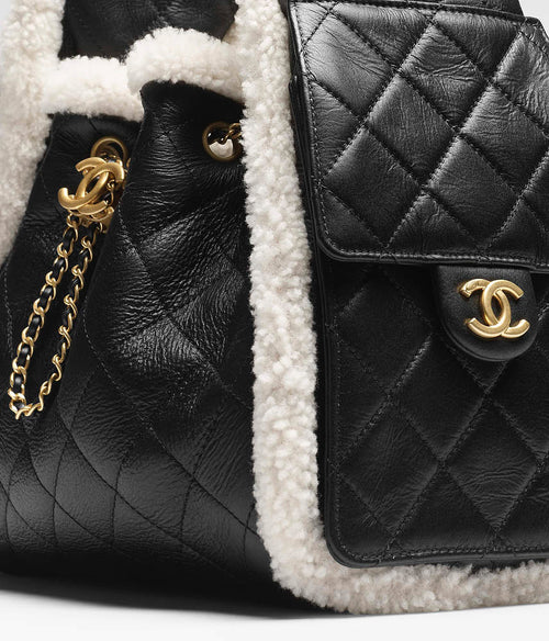 Chanel Shearling-Trim Quilted Calfskin Drawstring Tote