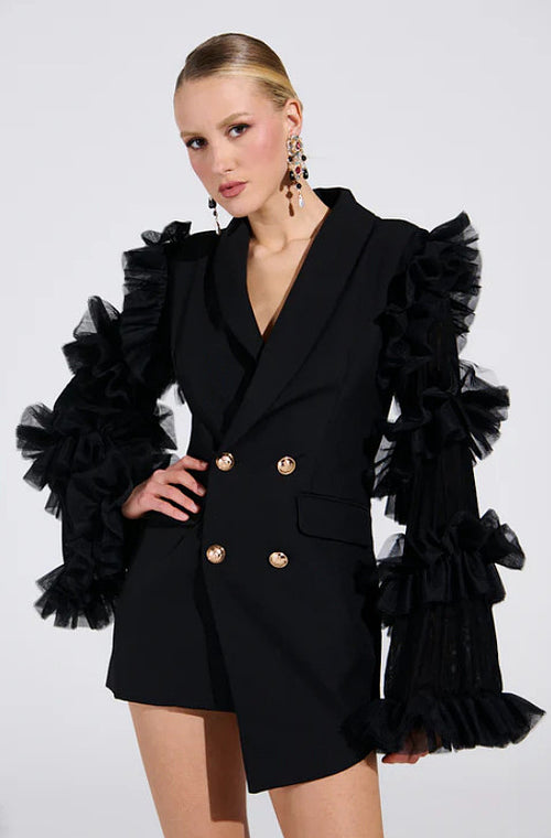 Volant de Minuit Tulle-Sleeve Blazer Dress