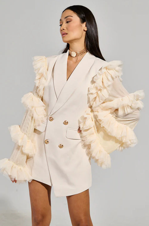 Volant de Minuit Tulle-Sleeve Blazer Dress