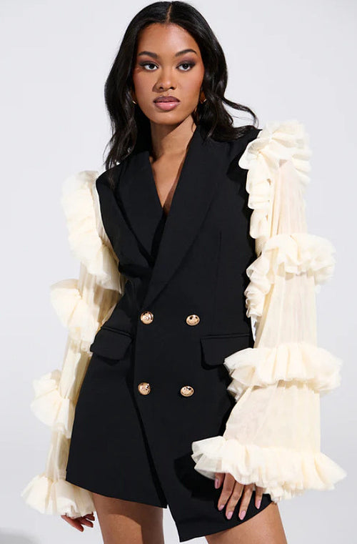 Volant de Minuit Tulle-Sleeve Blazer Dress