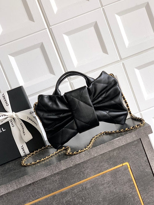 Chanel Bow Quilted Flap Bag – Black Lambskin with Gold Hardware