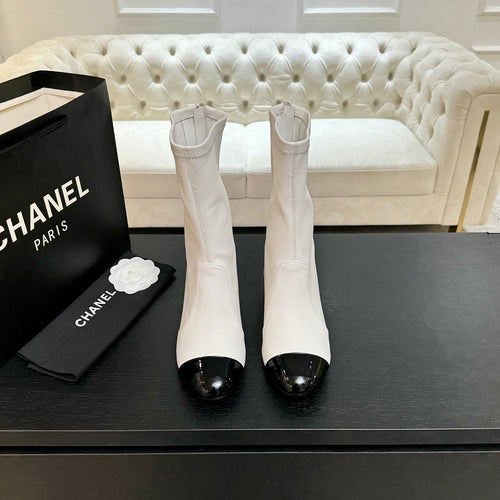 Chanel Stretch Lambskin & Patent Calfskin High Boots with Pearled Heel