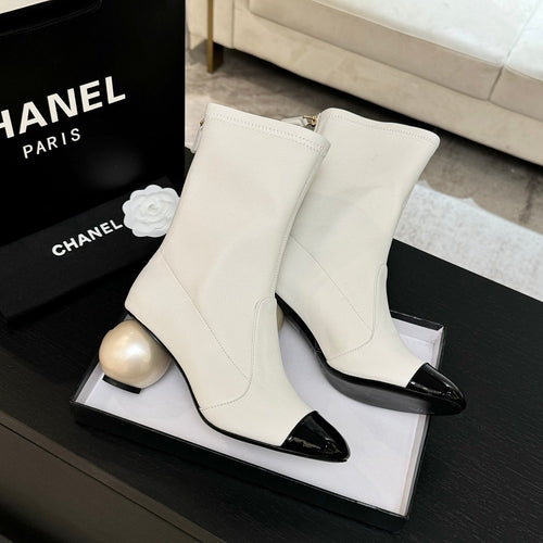 Chanel Stretch Lambskin & Patent Calfskin High Boots with Pearled Heel