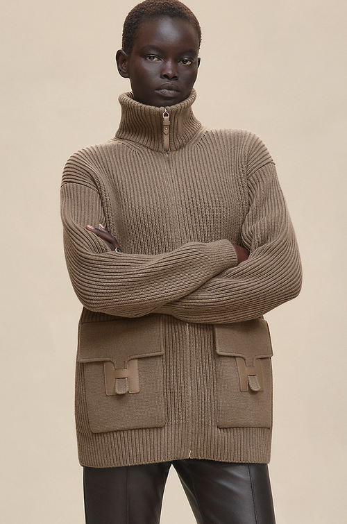 Hermès Wool Knit Zip-Up Jacket with Flap Pockets – Brown