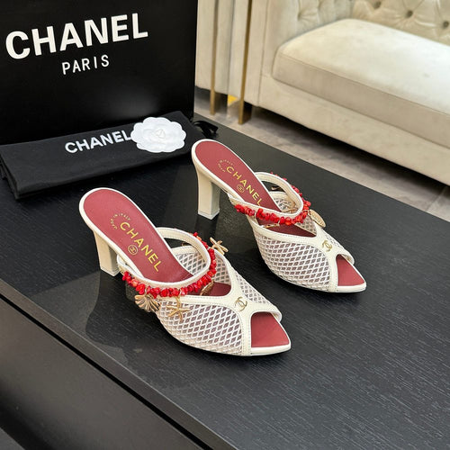 CHANEL Coco Beach Coral Charm Mesh Mules