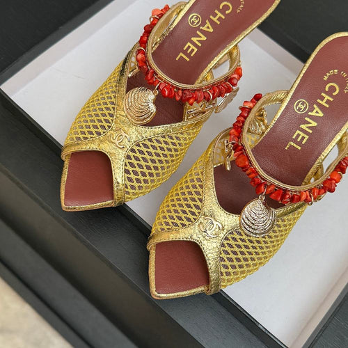 CHANEL Coco Beach Coral Charm Mesh Mules